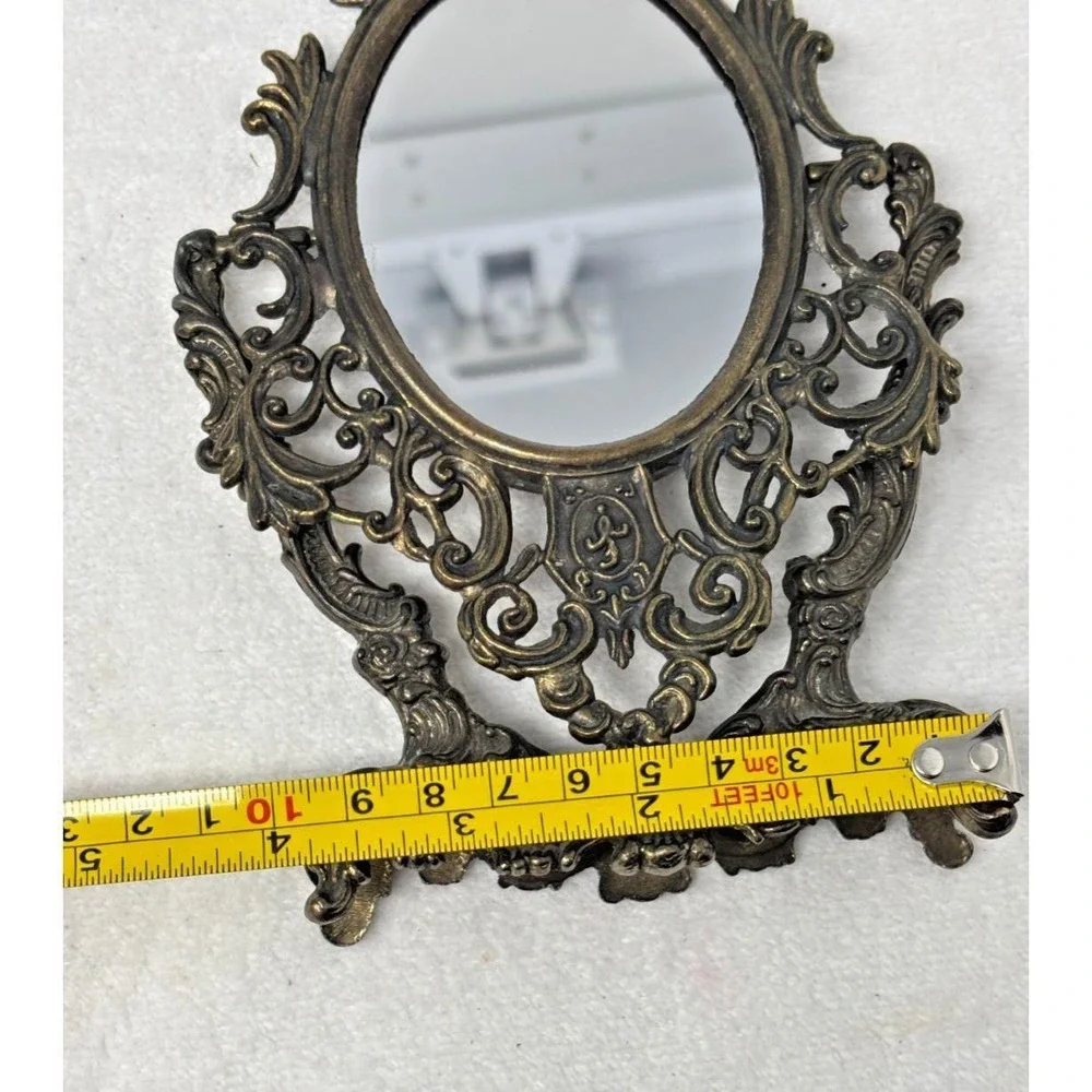 Vtg Ornate Cast Metal Vanity Mirror Tabletop Rococo Victorian Style Brass Finish